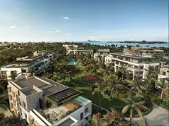 Vue aérienne des appartements Mont Choisy La Réserve vers le lagon et Coin de Mire