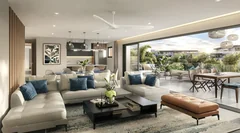 Salon contemporain et terrasse dans un appartement Mont Choisy La Réserve