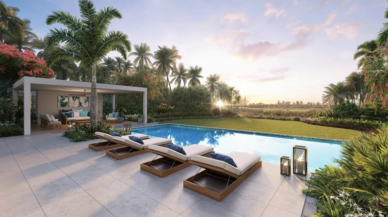 La Réserve Fairway Villa pool and terrace at sunset