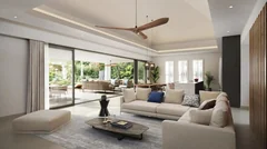 Salon contemporain d'une Lagoon Villa donnant sur une terrasse de jardin tropical