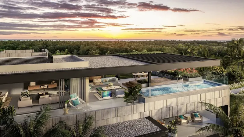 Mont Choisy La Réserve penthouse rooftop pool and terrace at sunset