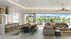 Cuisine, salle à manger et salon ouverts dans un penthouse La Réserve