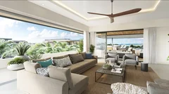 Salon contemporain d'un penthouse La Réserve avec vues panoramiques depuis la terrasse
