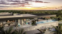 Piscine et terrasse en toiture d'un penthouse Mont Choisy La Réserve au coucher du soleil