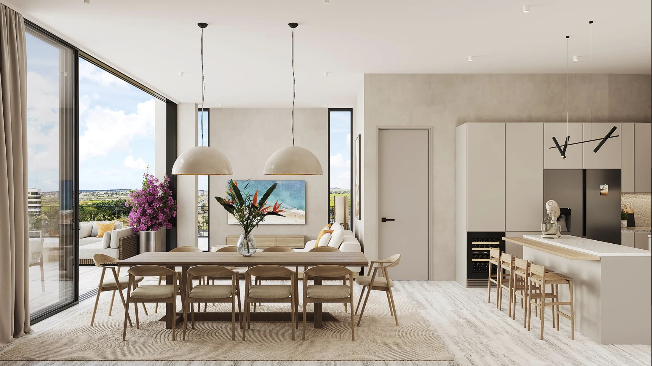Open-plan dining and kitchen interior at The Signature Penthouses, Mont Choisy