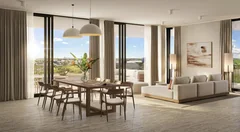 Salon-salle à manger avec vue sur la terrasse aux Penthouses The Signature, Mont Choisy